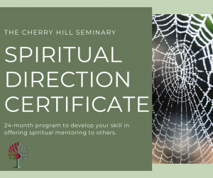 Decorative image of spider web with banner text announcing the spiritual direction certificate